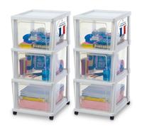 Iris Ohyama, Tour de Rangement Plastique à Roulettes, Lot de 2, 3 Grands Tiroirs, Blanc, Ouverture Facile, Rangement, pour Salle de Bain, Chambre, Caisson, Organisateur, Sans BPA, KMC-303