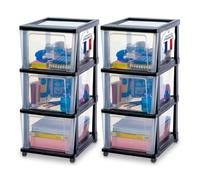 Iris Ohyama, Tour de Rangement Plastique à Roulettes, Lot de 2, 3 Grands Tiroirs, Noir, Ouverture Facile, Rangement, pour Bureau, Chambre, Caisson, Organisateur, Sans BPA, KMC-303