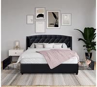 iris - Solide et Confortable Lit 140x190 avec Sommier avec 4 tiroirs + Tete de lit Couleur NOIR + Pieds en 4 cm - 13 Lattes - revetement PVC Simili facile d'entretien - Montage Rapide et Facile