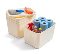 IRIS USA - Bacs modulaires en plastique et couvercles empilables - Bacs de rangement pour cuisine, salle de bain et chambre à coucher, grands, blanc cassé