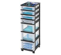 IRIS USA Chariot de rangement à tiroirs en plastique, avec roulettes, 7 tiroirs, pour salle de classe, fournitures artistiques, commode, placard, salle de bain, buanderie, noir/transparent