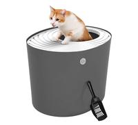 Iris USA Grande litière Ronde élégante pour Chat avec Pelle, bac à litière incurvé avec Couvercle rainuré pour Attraper Les Particules et parois d'intimité, Gris foncé/Blanc
