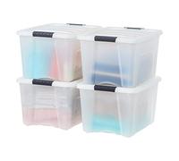IRIS USA, Inc. Bac de rangement fourre-tout en plastique avec couvercle durable et boucles de verrouillage sécurisées, empilable et emboîtable, perle/noir, 40 l