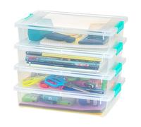 IRIS USA Lot de 4 bacs avec couvercles, boîte à clip, organisation et récipient de rangement pour bureau, école, enfants, salle d'artisanat, 6 litres, transparent/bleu écume de mer