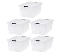 IRIS USA Lot de 5 bacs de rangement empilables en plastique avec couvercles et boucles de verrouillage, transparent/noir, conteneurs avec couvercles et loquets, placards emboîtables durables, garage,