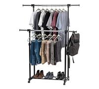 IRIS USA Portable Double-Rod Height Adjustable Clothes Rack with Extendable Bar and Lockable Wheels, Rolling Garment, Double Rod Wardrobe Rack, Easy Assemble, for Clothes, Belts, Shoes, and Bags