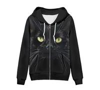Irisjudy Sweat à capuche zippé à rayures colorées pour femme, texture animale, Monet Art Sport Sweat à capuche pour femme pour printemps et automne, Chat noir noir, Large