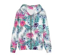 Irisjudy Sweat à capuche zippé à rayures colorées pour femme, texture animale, Monet Art, sweat à capuche pour femme pour le printemps et l'automne, Blanc floral tropical, XX-Large