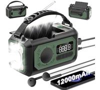 irjeen Radio d'urgence 12 000 mAh, radio à manivelle, radio d'alerte météo portable AM/FM/NOAA, radio solaire avec lampe de poche, lampe de lecture, alarme SOS, banque d'alimentation, pour urgence