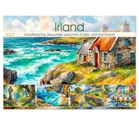 Irland. Künstlerische Aquarelle zwischen Küste und Hochland (Wandkalender 2027 DIN A2 quer), CALVENDO Monatskalender: Die raue Schönheit und kulturelle Seele der grünen Insel in leuchtenden Aquarellen