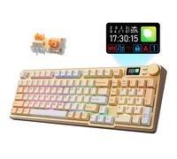 iRocks K85R Clavier de jeu mécanique rétroéclairé RVB sans fil rechargeable avec écran LCD, commutateurs pré-lubrifiés remplaçables à chaud, 98 touches PBT, câble amovible USB-C (doré clair
