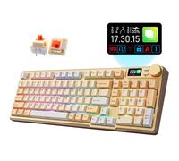 iRocks K85R Clavier de jeu mécanique rétroéclairé RVB sans fil rechargeable avec écran LCD, commutateurs marron pré-lubrifiés remplaçables à chaud, 98 touches PBT, câble amovible USB-C (doré clair