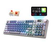 iRocks K85R Clavier de jeu mécanique rétroéclairé RVB sans fil rechargeable avec écran LCD, commutateurs marron pré-lubrifiés remplaçables à chaud, 98 touches PBT, câble amovible USB-C (bleu urora