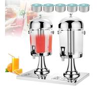 IROEJT Distributeur de Boissons et jus Professionnel avec 5 Compartiments de Rangement, Machine à Boissons Froides Double en Acier Inoxydable avec Robinet et bacs d'ég，Silver