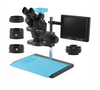 IROEJT Microscope stéréo trinoculaire à Zoom simultané 3,5x-90x + objectifs auxiliaires 0,5X, 2X et 1x + caméra HDMI, USB et VGA + Moniteur LCD 8 Pouces，HDMI USB