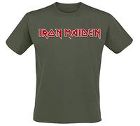 Iron Maiden Logo Homme T-Shirt Manches Courtes Kaki L 100% Coton Regular/Coupe Standard