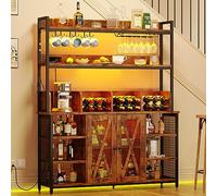 IRONCK Armoire à café avec prise de courant, buffet industriel avec bande LED et support en verre, armoire à liqueur à 3 niveaux pour la maison, la salle à manger, la cuisine, marron vintage