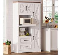 IRONCK Armoire de cuisine rustique avec support pour micro-ondes, armoire haute pour aliments avec tiroirs de rangement et étagère réglable pour cuisine, salle à manger, blanc