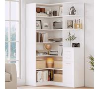 IRONCK Bibliothèque d'angle et bibliothèque avec 2 tiroirs et 10 étagères ouvertes, 195,1 cm de hauteur, étagère de rangement en forme de L, pour salon, maison, bureau, blanc moderne
