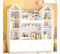 IRONCK Bibliothèque Enfant, Meuble Rangement Jouet, Meuble de Rangement Enfant, Étagère Ouverte à 4 Portes et 10 Étages, Design château, adapté d'enfant, Salon, Salle de Jeux 123.5x33x127cm (Blanc)