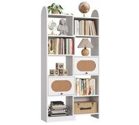 IRONCK Bibliothèque et bibliothèque à 6 Niveaux avec 2 armoires de Rangement à Rabat en rotin, 8 Cubes de Rangement pour Salon, 90 cm, Blanc
