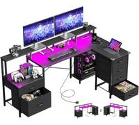 IRONCK Bureau de Jeu en Forme de L avec LED et Prises 2 CA + 1 USB + 1 C, 189 x 100 cm, Bureau d'angle avec 6 tiroirs et Support pour Moniteur, Bureau d'ordinateur réversible avec Espace de Rangement