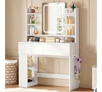 IRONCK Coiffeuse Hollywood avec Miroir LED Tactile, Table de Maquillage avec Prises Électriques, Support pour Sèche-Cheveux, 3 Températures de Lumière Dimmables, Blanc Mat