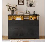 IRONCK Commode Blanche à 6 tiroirs, avec Bande LED et 2 Prises, 1 Port USB + 1 Port de Type C, pour Chambre à Coucher, Salon, Bureau, Couloir, Largeur : 120 cm