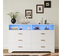 IRONCK Commode Blanche à 6 tiroirs, avec Bande LED et 2 Prises, 1 Port USB + 1 Port de Type C, pour Chambre à Coucher, Salon, Bureau, Couloir, Largeur : 150 cm