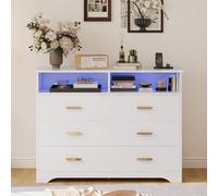 IRONCK Commode Blanche à 6 tiroirs, avec Bande LED et 2 Prises, Ports USB + Type C, pour Chambre à Coucher, Salon, Bureau, Couloir, Largeur : 120 cm