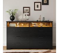 IRONCK Commode Noire à 6 tiroirs, avec Bande LED et 2 Prises, 1 Port USB + 1 Port de Type C, pour Chambre à Coucher, Salon, Bureau, Couloir, Largeur : 150 cm