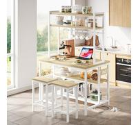 IRONCK Îlot de cuisine avec tabourets, table de salle à manger avec rangement et prise de courant, table basse industrielle pour cuisine, salle à manger, salon, 10 crochets (bois naturel)
