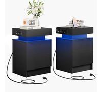 IRONCK Lot de 2 tables de chevet avec lumières LED et 2 prises AC, table d'appoint avec ports USB + type C, table de chevet avec 2 tiroirs, table basse pour chambre à coucher, salon, noir