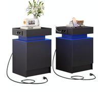 IRONCK Lot de 2 Tables de Chevet avec Station de Charge et Éclairage LED | 2 tiroirs spacieux, station de charge latérale avec 2 prises secteur, ports USB et USB-C, finition noire moderne