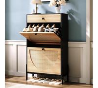 IRONCK Meuble à chaussures avec 2 tiroirs rabattables, armoire de rangement à chaussures pour entrée, meuble de rangement à chaussures autoportant, organiseur de chaussures avec portes en rotin