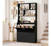 IRONCK Meuble à Chaussures Haut avec 5 Étagères Ouvertes, Armoire à Chaussures 2 Battants 16-20 Paires, Séparateur Réglables, Étagère de Rangement Bois pour Entrée, Couloir 80×24×165cm (Noir)