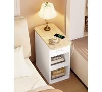 IRONCK Petite Table de Chevet avec Multiprise, Table d'appoint étroite en Bois, avec 1 Compartiment Rabattable, 2 Ouverts, Chevet de lit pour Salon, Chambre, Bout de canapé, USB+Type-C, Blanche