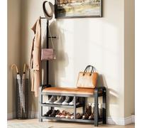 IRONCK Portemanteau de 35 Pouces, Arbre de Couloir avec Banc et Rangement de Chaussures, Meuble à Chaussures avec Coussin en Cuir, 3 en 1, étagères à 2 Niveaux, 5 Crochets, pour entrée, Couloir