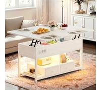 IRONCK Table Basse Relevable Extensible, Table de Salon avec lumières LED et Multiprise, 2 Prises CA, 1 Ports USB & 1 USB C, Table à Manger avec 2 tiroirs, Etagère de Rangement Bois, 100×80cm (Blanc)