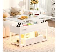 IRONCK Table Basse Relevable Extensible, Table de Salon avec lumières LED et Multiprise, 2 Prises CA, 1 Ports USB & 1 USB C, Table à Manger avec 2 tiroirs, Etagère de Rangement Bois, 100×80cm (Blanc)