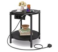 IRONCK Table d'Appoint Ronde, Bout de Canape avec Multiprise, 2 Prises CA, Port USB et Port Type-C, Petite Table Bois 2 Etages, Table de Chevet, pour Salon, Chambre (Noir, 1 pièce)