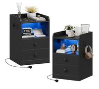 IRONCK Table de Chevet Lot de 2 avec Prise et LED, Table d’Appoint avec 1 Port USB et 1 Port de Type C, Table de Nuit Lot de 2 avec 2 Tiroirs pour Salon et Compartiment Ouvert, Chambre, Bureau, Noir