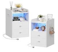 IRONCK Table de Chevet Lot de 2 avec Prise et LED, Table d’Appoint avec 1 Port USB et 1 Port de Type C, Table de Nuit Lot de 2 avec 2 Tiroirs pour Salon et Compartiment Ouvert, Chambre, Bureau, Blanc