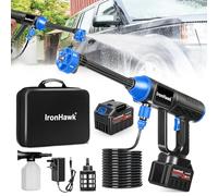 IronHawk Nettoyeur Haute Pression sans Fil - Batterie 2×Li-ION, Portable & Léger, Buse 6-en-1, Tuyau 10 m - pour Voiture, Terrasse et Jardin