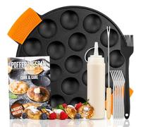 IRONO Poêle à Pancakes - Poêle à Mini Crepe en Fonte - 19 Mini Crêpes - Pinceau à beurre, fourchette réversible, 6 fourchettes, bouteille de pâte, poignées incluses