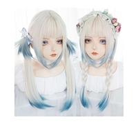 Irregular Coloring Straight Wig with Bangs White Gradient Blue Long Synthetic Cosplay Soft Breathable Heat Resistant Wigs Daily Use