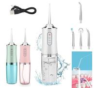 Irrigateur buccal électrique sans fil, rechargeable par USB, avec 4 buses et 3 modes de pression, nettoyage et blanchiment des dents, nettoyeur de dents étanche IPX7 (blanc)