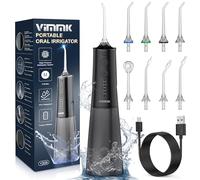 Irrigateur buccal portable, Vimmk Irrigateur dentaire sans fil professionnel 8 buses 5 modes, IPX7 étanche 300ML USB-C Rechargeable pour le nettoyage des dents, pour la maison et les voyages (Noir)