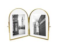 Isaac Jacobs 4x6 Vintage Style, Double-Sided Arched Brass & Glass Metal Floating Picture Frame with Locket Closure (Vertical), Made for Tabletop Display (4x6 Vertical, Antique Gold)