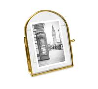 Isaac Jacobs Cadre photo flottant de style vintage, en laiton et verre, avec fermeture à médaillon (verticale), forme d’arche, fabriqué pour affichage sur table (5 x 7,6 cm, vertical, or antique)